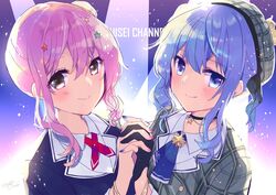  2girls anemachi awai_hinata beret black_choker black_gloves blue_eyes blue_hair blue_nails blush choker closed_mouth crown gloves hair_between_eyes hat holding_hands hololive hoshimachi_suisei hoshimachi_suisei_(1st_costume) looking_at_viewer medium_hair mini_crown multiple_girls nail_polish partially_fingerless_gloves pink_eyes pink_hair pink_nails siblings side_ponytail sisters smile star_(symbol) upper_body virtual_youtuber 