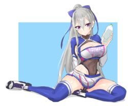  armpit_cutout azur_lane blue_background blue_bow blue_thighhighs bottle bow breasts casablanca_(azur_lane) casablanca_(cheer_squad_on_break)_(azur_lane) cheerleader cleavage_cutout clothing_cutout commentary_request covered_navel female grey_hair hairbow highres large_breasts leotard leotard_under_clothes long_hair long_sleeves official_alternate_costume ogasawara partially_visible_vulva pleated_skirt purple_eyes shoes sitting skindentation skirt sneakers solo thighhighs two-tone_background water_bottle white_background white_skirt yokozuwari 