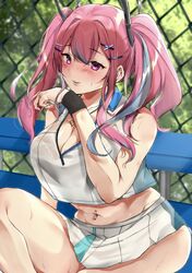  azur_lane bad_id bad_twitter_id bare_legs bench black_bra blue_hair blush bra breasts bremerton_(azur_lane) bremerton_(scorching-hot_training)_(azur_lane) chain-link_fence cleavage closed_mouth crop_top crop_top_overhang day ear_piercing eyelashes female fence hair_between_eyes hair_ornament hairclip headpiece heart heart_necklace highres jewelry lace lace-trimmed_bra lace_trim large_breasts lips looking_at_viewer medium_hair midriff miniskirt multicolored_hair navel navel_piercing necklace official_alternate_costume outdoors piercing pink_eyes pink_hair pleated_skirt see-through shirt sitting skirt sleeveless sleeveless_shirt solo sportswear sweat sweatband tennis_uniform thighs twintails two-tone_hair underwear white_shirt white_skirt wiping_sweat x_hair_ornament yamakonbu 