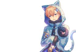  animal_ears bell blonde_hair blue_eyes blush catboy gloves hoodie mahoutsuki_no_yakusoku owen_(mahoutsukai_no_yakusoku) shigaraki_(strobe_blue) short_hair tail third-party_edit white 