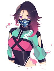  animification apex_legends arm_cutout artist_name black_hair black_leotard breasts english_commentary female gradient_hair highres itsaboutspoons leotard long_hair looking_at_viewer mask medium_breasts mouth_mask multicolored_hair official_alternate_costume paint_splatter pink_hair pink_shirt punk_phaser_wraith purple_eyes shirt shrug_(clothing) solo white_background wraith_(apex_legends) 