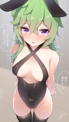  alternate_costume animal_ears arms_behind_back bad_id bad_pixiv_id bare_shoulders black_leotard black_thighhighs blurry blurry_background blush breasts collei_(genshin_impact) commentary_request covered_navel criss-cross_halter crossed_bangs fake_animal_ears female genshin_impact green_hair halterneck highleg highleg_leotard highres leotard looking_at_viewer medium_breasts medium_hair parted_lips playboy_bunny purple_eyes rabbit_ears sidelocks signature solo standing thighhighs translated xlyami 