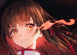  blush braid brown_hair closed_mouth colored_inner_hair commentary_request enogu eye_trail female flaming_eye glowing glowing_eyes hair_ribbon highres iwamotochou_geinousha kagawa_ichigo light_trail long_hair looking_at_viewer multicolored_hair official_art portrait red_eyes red_hair red_ribbon red_theme ribbon shirafuji_tamaki side_braid smile solo virtual_youtuber 