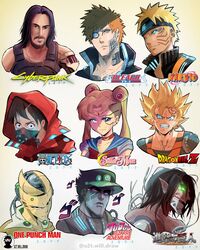  6+boys a2t_will_draw alternate_costume android artist_logo bald beard bishoujo_senshi_sailor_moon black_eyes black_hair bleach blonde_hair blue_eyes closed_mouth commentary copyright_name crossover cyberpunk cyberpunk_(series) cyberpunk_2077 cyborg dragon_ball dragon_ball_z english_commentary eren_yeager facial_hair facial_mark female forehead_protector glowing glowing_eyes hat heterochromia highres instagram_username johnny_silverhand jojo_no_kimyou_na_bouken konohagakure_symbol kujo_jotaro kurosaki_ichigo logo long_hair mechanical_parts menacing_(jojo) mismatched_sclera monkey_d._luffy moustache multiple_boys multiple_drawing_challenge multiple_style_parody naruto_(series) one-punch_man one_piece orange_hair parody pointy_ears purple_eyes rogue_titan sailor_moon saitama_(one-punch_man) science_fiction shingeki_no_kyojin son_goku spiked_hair style_parody super_saiyan super_saiyan_2 titan_(shingeki_no_kyojin) tsukino_usagi twintails upper_body uzumaki_naruto watermark whisker_markings 