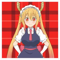  artsy-rc blush closed_mouth collared_shirt dated dragon_horns dress eyebrows_visible_through_hair female gloves gradient_hair grey_dress hands_on_hips horns kobayashi-san_chi_no_maidragon long_hair looking_at_viewer maid maid_headdress multicolored_hair necktie plaid plaid_background puffy_short_sleeves puffy_sleeves red_background red_eyes red_neckwear sash shirt short_sleeves signature slit_pupils smile solo tooru_(maidragon) twintails white_gloves wing_collar 