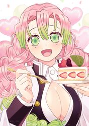  absurdres braid breasts cake demon_slayer_uniform female food fork fruit gradient_hair green_eyes green_hair heart highres holding holding_fork japanese_clothes kanroji_mitsuri kimetsu_no_yaiba large_breasts long_hair long_sleeves mochi mole mole_under_each_eye mole_under_eye multicolored_hair multiple_moles open_mouth pink_hair shimya solo strawberry 