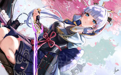  aqua_eyes armor blue_hair blush bow drink flowers food genshin_impact japanese_clothes kamisato_ayaka katana long_hair petals piukute062 samurai signed skirt sword tree weapon 