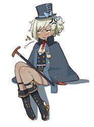  alternate_costume anger_vein belt belt_buckle blush boots buckle buttons cane cape chinese_commentary commentary_request cosplay cross dark-skinned_female dark_skin embarrassed female girls&#039;_frontline grey_hair hair_ribbon hat hat_ribbon high_collar high_heel_boots high_heels klin_(girls&#039;_frontline) looking_to_the_side pocket_watch ribbon short_hair simple_background sitting super-shorty_(crossing_in_labyrinth)_(girls&#039;_frontline) super-shorty_(girls&#039;_frontline) super-shorty_(girls&#039;_frontline)_(cosplay) top_hat two_side_up watch waterkuma white_background 