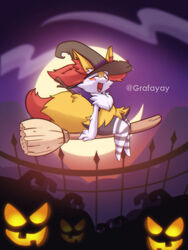  3:4 ambiguous_gender anthro braixen broom cleaning_tool clothing crescent_moon fencepost fur generation_6_pokemon grafayay hat headgear headwear hi_res inner_ear_fluff jack-o&#039;-lantern legwear moon nintendo open_mouth pattern_clothing pattern_legwear pattern_thigh_highs pokemon pokemon_(species) pumpkin_patch solo striped_clothing striped_legwear striped_thigh_highs stripes thigh_highs tuft witch_hat yellow_body yellow_fur 