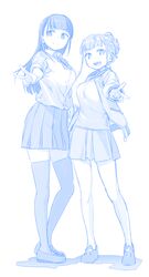  2girls :d blue_theme blunt_bangs blush breasts commentary_request full_body hair_bun height_difference highres himura_kiseki jacket kobuchizawa_shirase large_breasts long_hair long_sleeves looking_at_viewer miyake_hinata monochrome multiple_girls onigiri_print open_clothes open_jacket open_mouth pleated_skirt ribbon school_uniform sidelocks single_hair_bun skirt sleeves_rolled_up smile sora_yori_mo_tooi_basho thighhighs unzipped v 