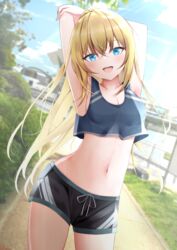  absurdres blonde_hair blue_eyes female highres kamesys long_hair navel open_mouth original outdoors smile solo thighhighs 