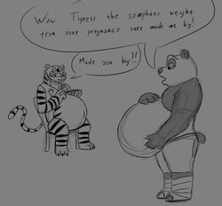  2021 8aerondight8 anthro bear belly big_belly both_pregnant bowl chair chopsticks claws clothed clothing container dialogue dreamworks duo english_text felid female fur furniture giant_panda hand_on_belly holding_bowl holding_chopsticks holding_container holding_object kung_fu_panda male mammal master_po_ping master_tigress monochrome multiple_pregnancies narrowed_eyes navel obese obese_anthro obese_male open_mouth outie_navel overweight overweight_anthro overweight_male pantherine pregnant pregnant_anthro pregnant_female raised_tail side_view sitting speech_bubble standing striped_body striped_fur stripes sympathy tail text tiger toe_claws topless topless_anthro topless_male 