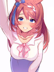  alternate_costume animal_ears blue_bow blue_eyes blue_skirt blurry blurry_background blush bow breasts brown_hair cleavage collarbone commentary_request ear_bow female grin hair_between_eyes headpat highres horse_ears horse_girl incoming_headpat jewelry large_breasts leaning_forward long_hair long_sleeves looking_at_viewer multicolored_hair necklace pink_bow pmoufu pov pov_adoring reaching reaching_towards_viewer shirt simple_background skirt smile solo streaked_hair super_creek_(umamusume) teeth textless_version umamusume white_background white_hair white_shirt 