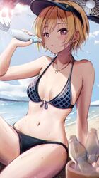  absurdres arm_support bare_arms bare_shoulders beach bikini black_bikini black_hat blonde_hair blue_bikini blue_sky blush bottle breasts cloud day electric_fan female front-tie_top hat highres holding holding_bottle idolmaster idolmaster_shiny_colors jewelry looking_at_viewer masuku_(saint_mask) navel necklace ocean outdoors parted_lips purple_eyes ramune saijo_juri sand short_hair sitting sky small_breasts solo stomach sunlight swimsuit thighs two-tone_bikini visor_cap water water_bottle wet 