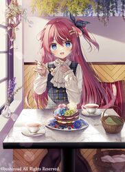  basket black_legwear blue_eyes blush cup dress_shirt feeding female food hair_ornament hair_ribbon hairclip long_hair looking_at_viewer neckerchief one_side_up open_mouth pink_hair restaurant ribbon shirt smile solo sweets table tanihara_natsuki tea teacup vanguard_(warship_girls_r) warship_girls_r window 