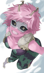  absurdres acid ashido_mina bare_shoulders black_sclera bodysuit boku_no_hero_academia boots breasts brown_footwear collarbone colored_sclera colored_skin eye_mask facing_up female fengling_(furin-jp) foreshortening from_above fur_collar fur_trim green_bodysuit grin highres horns knee_boots looking_at_viewer mask medium_breasts messy_hair multicolored_bodysuit multicolored_clothes pink_hair pink_skin purple_bodysuit short_hair sleeveless sleeveless_bodysuit smile solo teeth yellow_eyes 