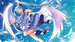  :d alternate_costume aqua_eyes aqua_hair day dress female flying frilled_dress frills hand_up hatsune_miku kyashii_(a3yu9mi) long_hair midair outstretched_arm sky sleeveless smile solo twintails vocaloid wings 