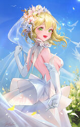  :d absurdres backless_dress backless_outfit blonde_hair blue_skirt breasts bridal_veil commentary day dress elbow_gloves english_commentary female floating_hair flower gloves green_eyes hair_between_eyes hair_flower hair_ornament highres lizchief looking_at_viewer looking_back looking_to_the_side medium_breasts medium_hair original outdoors plant sideboob skirt smile solo veil wedding_dress white_dress white_flower white_gloves wisteria 