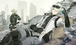  2boys absurdres adjusting_eyewear belt belt_pouch black_gloves black_shirt blonde_hair chinese_commentary closed_mouth commentary eyewear_on_head fingerless_gloves frown gloves grey_hair grey_jacket grey_pants grey_sky hand_on_own_hip highres jacket jewelry kamui:_bastion_(punishing:_gray_raven) kamui_(punishing:_gray_raven) long_sleeves lying male_focus mechanical_legs mole mole_under_eye multiple_boys necklace on_back outdoors pants patient_zero pouch punishing:_gray_raven rubber_duck ruins shirt short_hair short_sleeves sky standing sunglasses tactical_clothes wanshi:_hypnos_(punishing:_gray_raven) wanshi_(punishing:_gray_raven) white_jacket yellow_eyes 