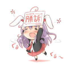  =_= animal_ears arms_up bad_id bad_pixiv_id black_jacket blazer blush chibi collared_shirt commentary_request female full_body happy heart holding jacket long_hair long_sleeves miniskirt motion_lines mukunoki_nanatsu necktie open_mouth pleated_skirt purple_hair rabbit_ears red_footwear red_necktie red_skirt reisen_udongein_inaba shirt shoes skirt solo spinning standing standing_on_one_leg touhou translation_request white_shirt 