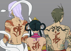  2boys antenna_hair apollo_justice arm_tattoo back back_focus back_tattoo black_hair blue_hair braid brown_hair butterfly_tattoo collar crown detached_collar detached_sleeves dragon_tattoo earrings facing_away female from_behind grey_background gyakuten_saiban hagoromo hair_ribbon hair_rings jewelry magatama_tattoo ministarfruit multiple_boys nahyuta_sahdmadhi phoenix_wright:_ace_attorney_-_spirit_of_justice pink_collar rayfa_padma_khura&#039;in ribbon shawl short_hair sidelocks simple_background tattoo toned toned_male topless_male upper_body wavy_hair white_ribbon white_shawl 