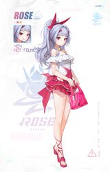  :q absurdres bag bare_legs bare_shoulders closed_mouth covered_navel female full_body grey_hair hair_ribbon hansum highres holding holding_bag horns long_hair looking_at_viewer one-piece_swimsuit original ponytail red_eyes red_ribbon red_skirt ribbon sandals skirt standing swimsuit swimsuit_skirt tongue tongue_out 