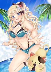  absurdres bikini blonde_hair blue_eyes blush bow breasts cloud feline female flower graphite_(medium) hair_flower hair_ornament hairbow highres long_hair looking_at_viewer navel ocean open_mouth palm_tree pointy_ears princess_connect! princess_connect!_re:dive running sandals sasaki_saren sky solo swimsuit traditional_media tree water_drop wu_ji_miao 