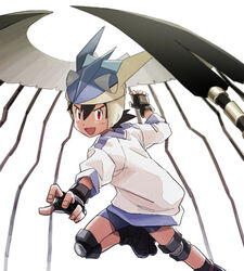  1boy :d alien_nine alternate_costume bike_shorts black_gloves black_hair borg_(alien_nine) commentary_request dododo_dadada fingerless_gloves gloves greninja helmet inline_skates leg_up male_focus open_mouth pokemon pokemon_(anime) pokemon_xy_(anime) red_eyes roller_skates satoshi_(pokemon) shirt short_hair skates smile solo spiked_hair themed_object tongue 