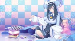  absurdres ace_(playing_card) ace_of_diamonds bishop_(chess) black_hair blue_coat blue_eyes blue_thighhighs book breasts brooch card checkered_wall chess_piece chessboard coat commentary_request constellation_print diamond_(shape) female four_of_hearts full_body hair_ornament hairband highres holding holding_card hololive hololive_china jewelry large_breasts monocle neyubi pawn_(chess) phoenix_crown playing_card queen_(chess) queen_(playing_card) queen_of_clubs rook_(chess) rosalyn_(hololive) seven_of_spades sitting solo ten_of_diamonds thighhighs three_of_clubs virtual_youtuber yokozuwari 