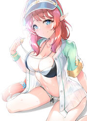  absurdres bare_legs bikini black_bikini blue_eyes blue_flower blue_hat blush braid breasts brown_hair cleavage closed_mouth collarbone commentary dolphin_shorts elf female flower green_shirt green_wristband hair_flower hair_ornament hand_up hat highres holding holding_whistle large_breasts layered_bikini long_hair looking_at_viewer medium_hair misato_(princess_connect!) misato_(summer)_(princess_connect!) multicolored_hair navel open_clothes open_shirt pointy_ears princess_connect! red_hair see-through see-through_shirt shirt short_sleeves shorts simple_background sitting smile solo split_mouth stomach striped swimsuit two-tone_bikini two-tone_shirt visor_cap wariza whistle whistle_around_neck white_bikini white_flower white_shirt white_shorts wristband xin_(zinc) 