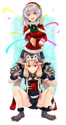  3girls absurdres alternate_costume animal_hands black_ribbon black_serafuku blonde_hair capelet claws commentary_request full_body fur-trimmed_capelet fur_trim gloves gradient_hair grey_skirt hagioshi hair_flaps hair_ribbon hat highres kantai_collection kashima_(kancolle) long_hair multicolored_hair multiple_girls official_alternate_costume party_popper paw_gloves paw_shoes pleated_skirt red_capelet red_eyes red_sweater ribbon santa_hat school_uniform serafuku simple_background skirt squatting standing sweater tail white_background wolf_hood wolf_tail yuudachi_(halloween_mode)_(kancolle) yuudachi_(kancolle) yuudachi_kai_ni_(kancolle) 