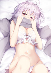  bare_shoulders bikini blush breasts cleavage commentary_request female frilled_bikini frills grey_scarf gridman_universe highres knee_up large_breasts light_purple_hair looking_at_viewer lying navel on_back purple_eyes revision scarf shinjou_akane short_hair solo ssss.gridman swimsuit tomifumi white_bikini 