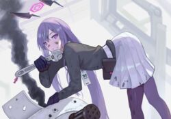  black_jacket blue_archive female halo headgear jacket long_hair long_sleeves machinery pantyhose purple_eyes purple_hair skirt smoke solo tunguu utaha_(blue_archive) very_long_hair white_skirt wrench 