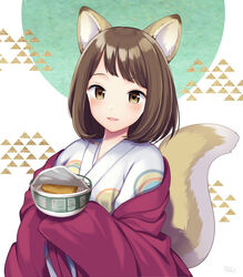  animal_ears blush brown_eyes brown_hair commentary_request cup_ramen donbei_kitsune_udon female food fox_ears fox_girl fox_tail highres instant_udon lips long_hair long_sleeves looking_at_viewer miyano_ururu nissin_donbei original parted_lips short_hair simple_background sleeves_past_fingers sleeves_past_wrists smile solo tail upper_body 