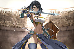  absurdres armor bandeau bikini_armor black_gloves black_hair black_thighhighs bracer breasts dark-skinned_female dark_skin detached_collar elbow_gloves female gloves green_eyes highres holding holding_shield holding_sword holding_weapon indy_k large_breasts looking_at_viewer navel original panties pelvic_curtain shield short_hair shoulder_armor standing sword thighhighs underwear weapon white_panties 