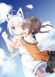  2girls absurdres aged_down ahoge animal_ear_fluff animal_ears aqua_eyes blue_sky blush brown_hair closed_mouth commentary_request day dress fox_ears fox_girl green_eyes hair_between_eyes highres hololive interlocked_fingers looking_at_another lr_(last_remote_514) multiple_girls natsuiro_matsuri natsuiro_matsuri_(1st_costume) one_eye_closed open_mouth orange_dress outdoors sailor_dress shirakami_fubuki side_ponytail sky smile tied_hair virtual_youtuber white_dress 