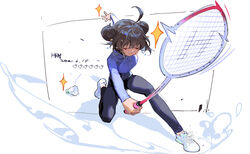  ahoge artist_name badminton_racket black_pants blue_jacket brown_hair chinese_commentary closed_eyes closed_mouth commentary_request dated double_bun female foreshortening hair_bun han-0v0 highres jacket long_sleeves mole mole_under_eye original pants racket shadow shoes shuttlecock simple_background sneakers solo sparkle white_background white_footwear 