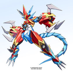  arm_cannon character_name claws digimon digimon_(creature) english_commentary fladramon horns kadej looking_to_the_side mecha mechanical_tail mechanization no_humans robot single_horn solo tail weapon 