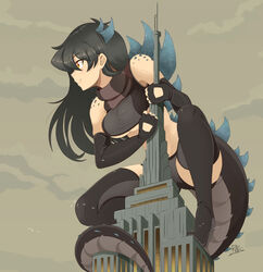  absurdres bad_id bad_twitter_id black_bra black_footwear black_gloves black_hair black_panties black_thighhighs boots bra breasts building closed_mouth commentary crop_top elbow_gloves empire_state_building english_commentary fang_out female full_body giant giantess gloves godzilla_(series) godzilla_the_series high_heel_boots high_heels highres large_breasts long_hair looking_away monster_girl oerba_yun_fang orange_eyes panties personification raps_(yohomeboyraps) revision skyscraper smile solo tail thigh_boots thighhighs underwear zilla_jr. 