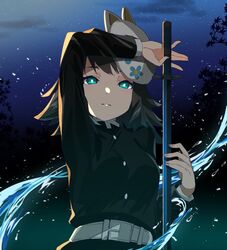  aqua_eyes bad_id bad_pixiv_id belt belt_buckle black_hair black_jacket buckle closed_mouth commentary_request demon_slayer_uniform female fox_mask frown highres holding holding_sword holding_weapon jacket katana kimetsu_no_yaiba long_hair long_sleeves looking_at_viewer makomo_(kimetsu) mask mask_on_head night nozawa_noko outdoors sky solo star_(sky) starry_sky sword upper_body weapon white_belt 