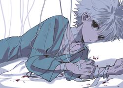  1boy bandages bed blood closed_mouth commentary highres hospital hospital_bed hospital_gown hunter_x_hunter indoors intravenous_drip killua_zoldyck looking_at_viewer lying male_focus pillow shenshan_laolin short_hair symbol-only_commentary white_hair 