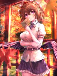  arms_up autumn autumn_leaves bad_id bad_pixiv_id belt bird_wings black_hair black_ribbon black_skirt blurry blurry_foreground breasts commentary_request cowboy_shot envelope expressionless feathered_wings female hair_between_eyes hand_on_own_arm hat head_tilt highres holding holding_envelope large_breasts leaf looking_at_viewer love_letter mame_(mame3737) maple_leaf miniskirt neck_ribbon petticoat pom_pom_(clothes) puffy_short_sleeves puffy_sleeves purple_eyes red_hat ribbon shameimaru_aya shirt short_hair short_sleeves skirt solo standing tareme tokin_hat touhou untucked_shirt water white_shirt wings 