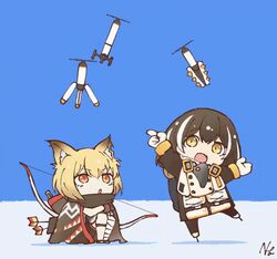  2girls animal_ears animated animated arknights arrow_(projectile) backpack bag bandaged_leg bandages bird_mask black_cloak black_coat black_footwear black_gloves black_scarf blonde_hair bow_(weapon) brown_hair chibi cloak coat commentary_request crossed_arms day drone fox_ears full_body gas_mask gloves ice ice_skates index_finger_raised looking_up magallan_(arknights) mask mask_around_neck multicolored_hair multiple_girls notched_ear open_mouth orange_eyes outdoors pointing quiver red_pupils scarf short_hair signature sitting skates smile standing standing_on_one_leg thigh_strap two-tone_hair vermeil_(arknights) watanabe_yuuki weapon white_hair yellow_eyes 