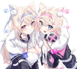  2girls animal_ear_fluff animal_ears animal_hands belt belt_collar black_collar black_jacket blonde_hair blue_eyes blue_hair blush breasts chains cleavage collar cropped_shirt dog_ears dog_girl dog_paws dress flat_chest fur-trimmed_jacket fur_trim fuwawa_abyssgard fuwawa_abyssgard_(1st_costume) hair_between_eyes hair_ornament hairclip headband headphones headphones_around_neck highres hololive hololive_english jacket kanae_(inorin05kanae) large_breasts long_hair long_sleeves looking_at_viewer midriff mococo_abyssgard mococo_abyssgard_(1st_costume) multicolored_hair multiple_girls navel open_mouth paw_print pink_belt pink_eyes pink_hair shirt short_hair short_shorts shorts siblings streaked_hair twins virtual_youtuber white_background white_dress white_shirt white_shorts x_hair_ornament 