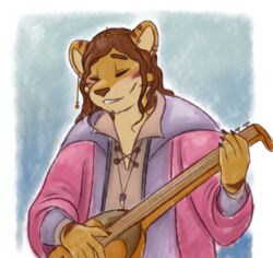  anthro bard brown_hair claws clothed clothing curled_hair digital_media_(artwork) felid fingers fur gabe_(mytigertail) guitar hair hi_res holding_object long_hair lute male mammal medieval medieval_clothing medieval_style musical_instrument mytigertail open_mouth overweight overweight_anthro overweight_male pantherine plucked_string_instrument rpg_world simple_background slightly_chubby smile solo string_instrument tiger 