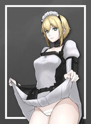  belt_pouch blonde_hair breasts cameltoe clothes_lift collarbone expressionless female girls&#039;_frontline green_eyes highres maid_headdress marlohe_(girls&#039;_frontline) medium_breasts panties pouch puffy_sleeves rob_110101101 short_hair sidelocks skirt skirt_lift solo underwear 