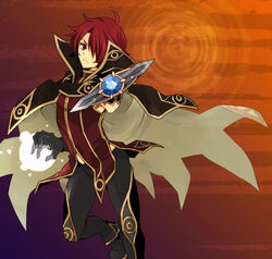  1boy artist_name black_cape black_gloves black_pants cape circle_name closed_mouth collared_cape commentary_request dated frown gloves gradient_background hair_over_one_eye high_collar holding holding_staff looking_at_viewer magic male_focus orange_background pants purple_background ragnarok_online red_eyes red_hair red_shirt road_to_dragons shirt short_hair solo sptbird staff two-sided_cape two-sided_fabric wizard_(ragnarok_online) 