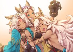  3girls animal_ears animal_hands aqua_eyes armlet breast_press breasts cape closed_eyes dark-skinned_female dark_skin erune facial_mark felluca flower forehead_mark gloves gradient_background granblue_fantasy group_hug hair_flower hair_ornament hug long_hair medium_breasts melleau multiple_girls nemone oerba_yun_fang painapo paw_gloves siblings sisters smile 