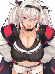  ahoge alternate_breast_size bad_id bad_pixiv_id blush breasts cleavage collar commentary_request crop_top crossed_bangs fangs female grey_hair hands_on_own_hips highres large_breasts leaning_forward long_hair looking_at_viewer matsukai_mao matsukai_mao_(1st_costume) midriff navel nijisanji open_mouth pen_(pen3) purple_eyes shirt short_shorts shorts simple_background solo spiked_collar spikes virtual_youtuber white_background white_shorts 