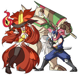  2boys armor armored_boots beard between_fingers boots breastplate chesnaught closed_mouth commentary delphox dress english_commentary evil_smile facial_hair female fighting_stance fire full_armor full_body gauntlets greaves greninja hat height_difference helmet highres holding holding_polearm holding_wand holding_weapon knight lance long_hair long_sleeves looking_at_viewer multiple_boys ninja open_mouth over_shoulder pants personification pokemon polearm red_hair serious sheath shoes shoulder_armor shuriken simple_background smile spiked_armor spikes standing starter_pokemon_trio sword thighhighs tina_fate v-shaped_eyebrows very_long_hair vest wand weapon weapon_over_shoulder white_background wide_sleeves witch witch_hat zettai_ryouiki 